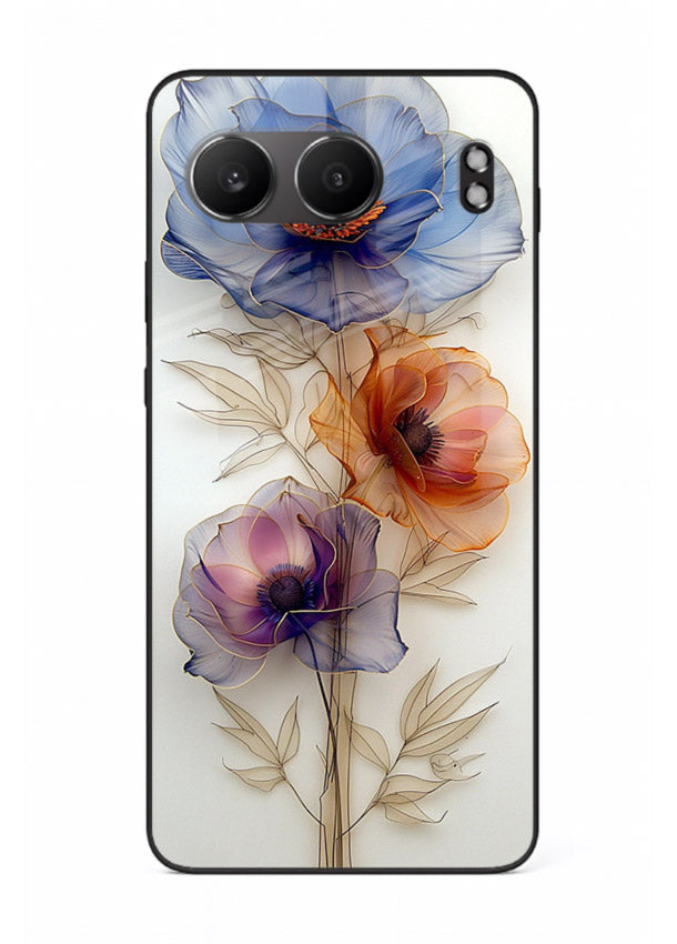 Transparent floral stem artwork on OnePlus Nord 4 glass back cover with minimal botanical detail.