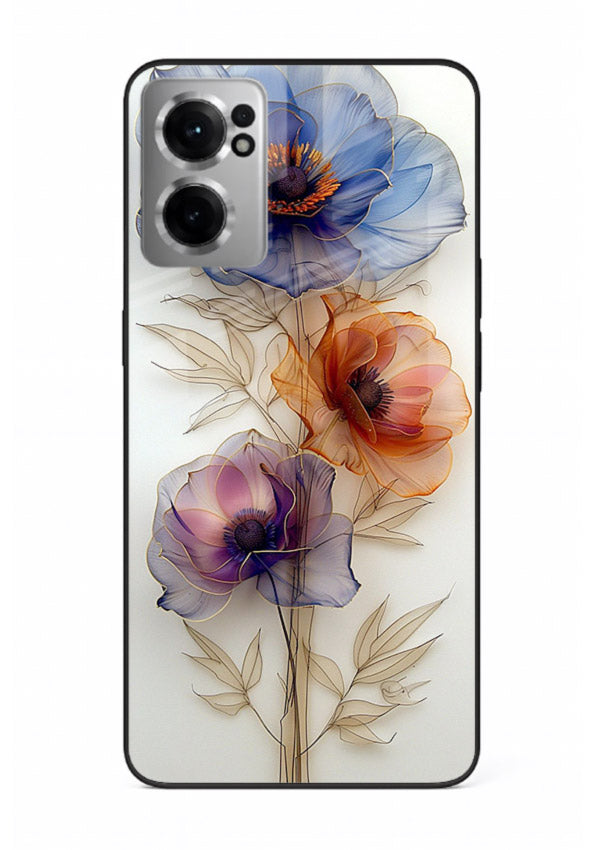 Transparent floral stem artwork on OnePlus Nord CE2 5G glass back cover with minimal botanical detail.