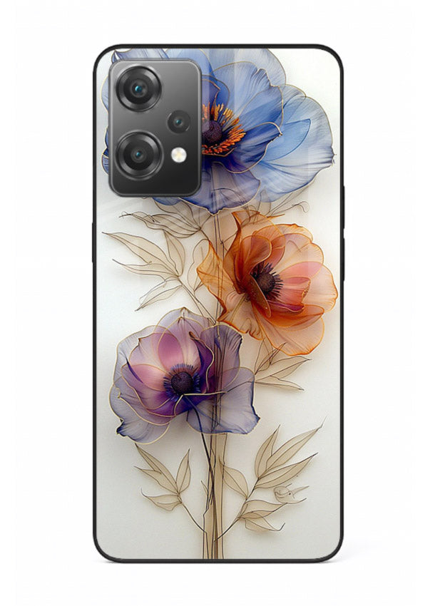 Transparent floral stem artwork on OnePlus Nord CE2 Lite 5G glass back cover with minimal botanical detail.