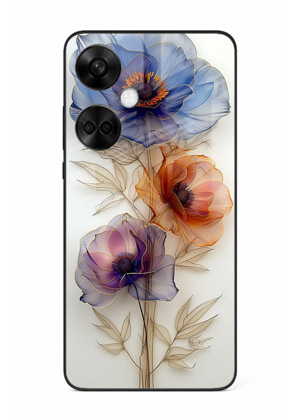 Transparent floral stem artwork on OnePlus Nord CE3 glass back cover with minimal botanical detail.