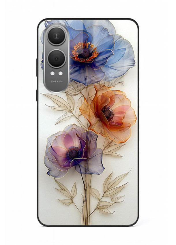 Transparent floral stem artwork on OnePlus Nord CE4 Lite glass back cover with minimal botanical detail.