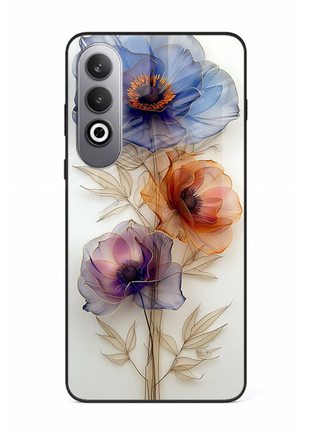 Transparent floral stem artwork on OnePlus Nord CE4 glass back cover with minimal botanical detail.