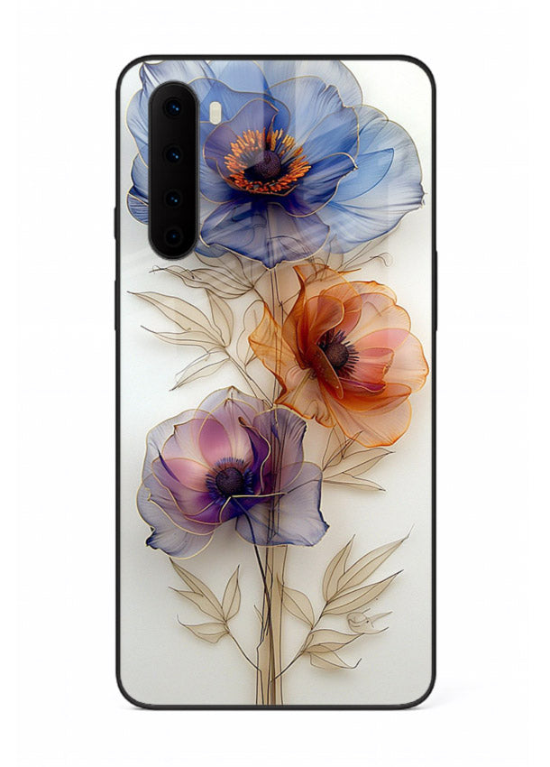Transparent floral stem artwork on OnePlus Nord glass back cover with minimal botanical detail.
