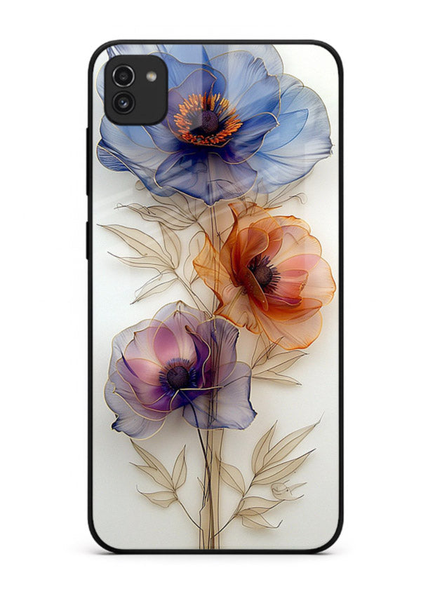 Transparent floral stem artwork on Samsung A03 glass back cover with minimal botanical detail.