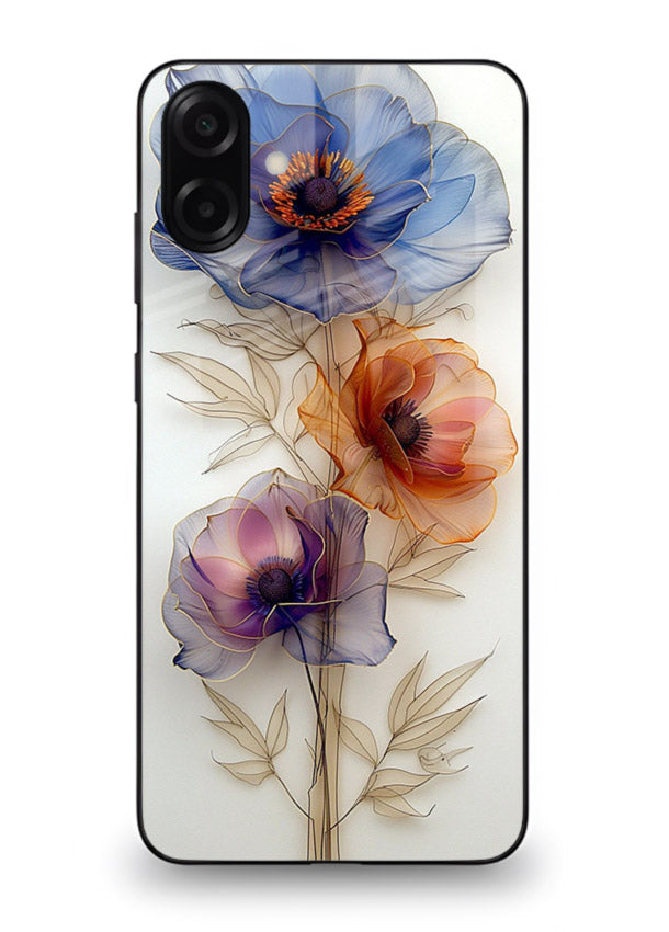 Transparent floral stem artwork on Samsung A07 4G glass back cover with minimal botanical detail.
