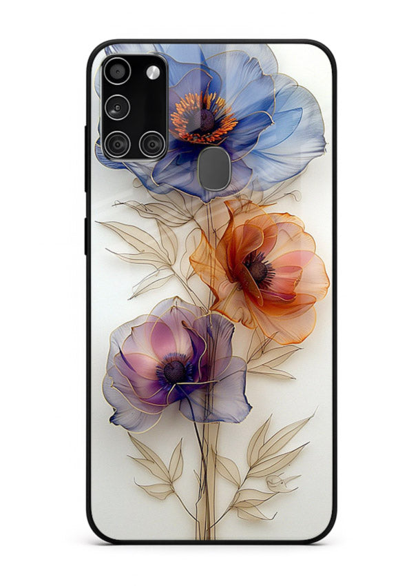 Transparent floral stem artwork on Samsung A21s glass back cover with minimal botanical detail.