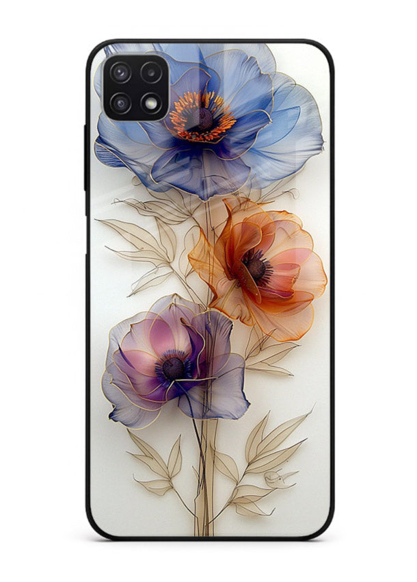 Transparent floral stem artwork on Samsung F42 5G glass back cover with minimal botanical detail.