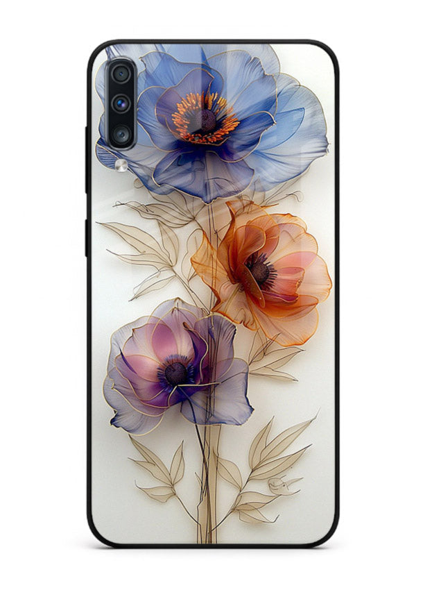 Transparent floral stem artwork on Samsung A70 glass back cover with minimal botanical detail.