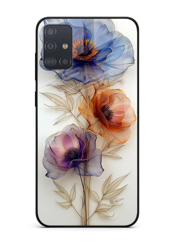 Transparent floral stem artwork on Samsung A71 glass back cover with minimal botanical detail.