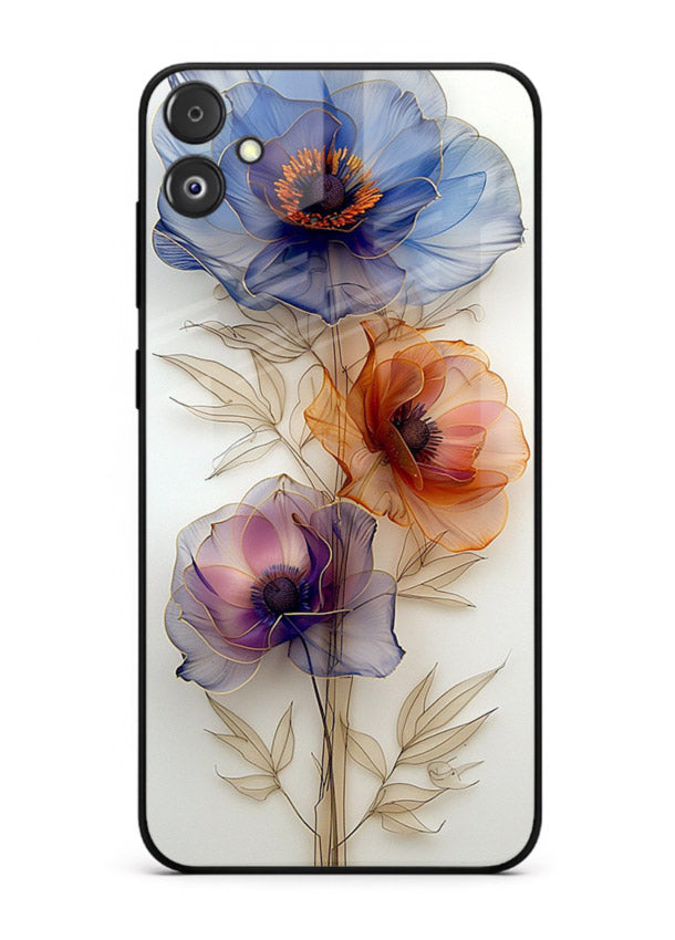 Transparent floral stem artwork on Samsung F05 5G glass back cover with minimal botanical detail.