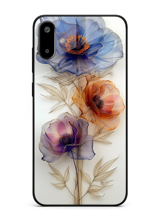 Transparent floral stem artwork on Samsung F06 5G glass back cover with minimal botanical detail.