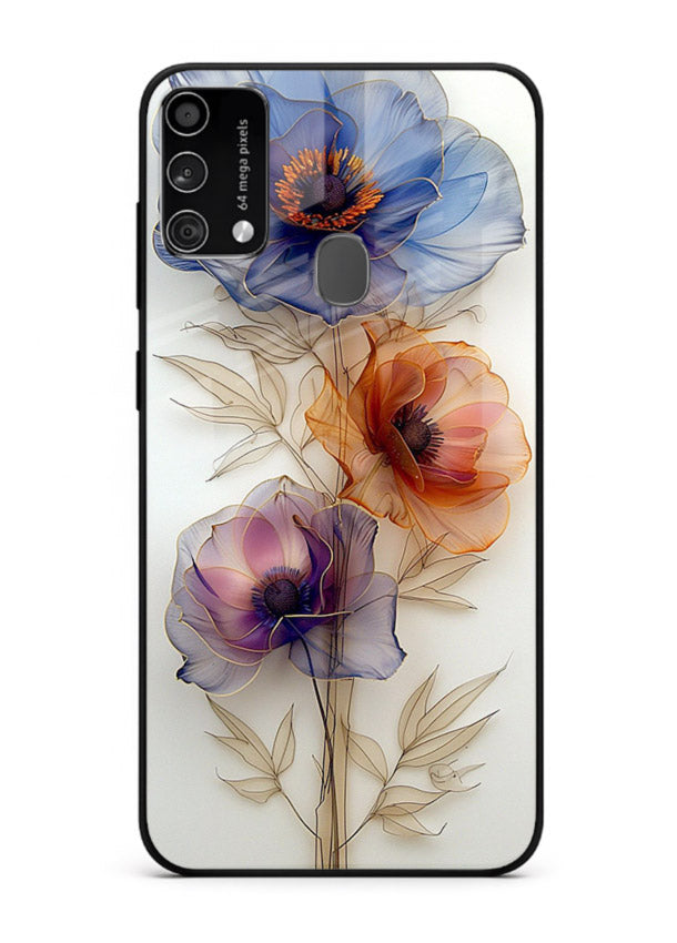 Transparent floral stem artwork on Samsung F41 glass back cover with minimal botanical detail.
