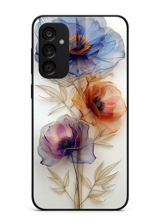 Transparent floral stem artwork on Samsung A04s 5G glass back cover with minimal botanical detail.