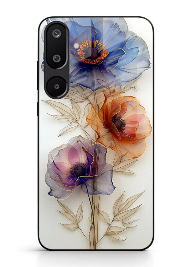 Transparent floral stem artwork on Samsung M16 5G glass back cover with minimal botanical detail.