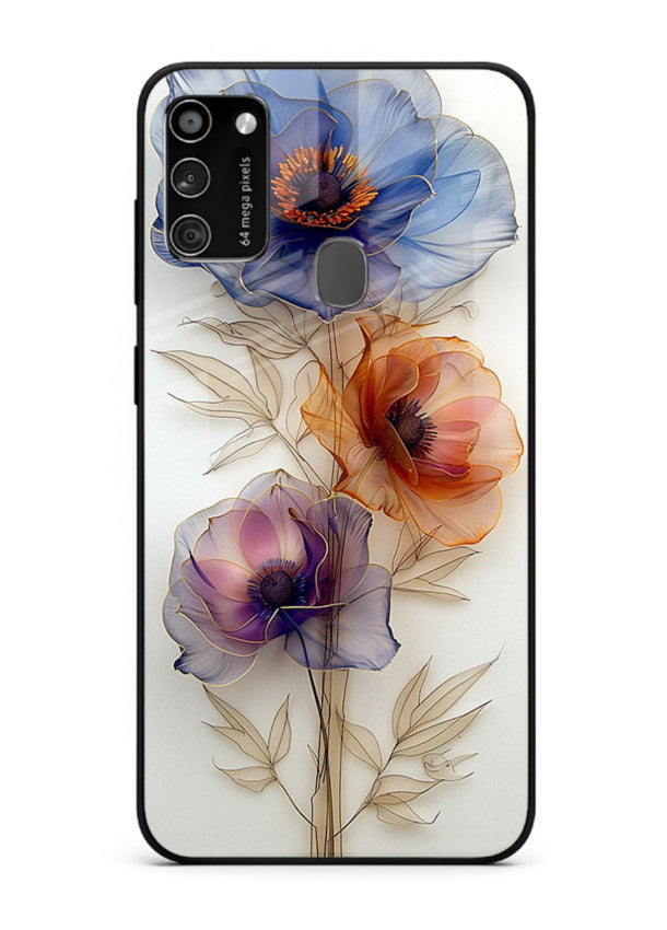 Transparent floral stem artwork on Samsung M21 glass back cover with minimal botanical detail.