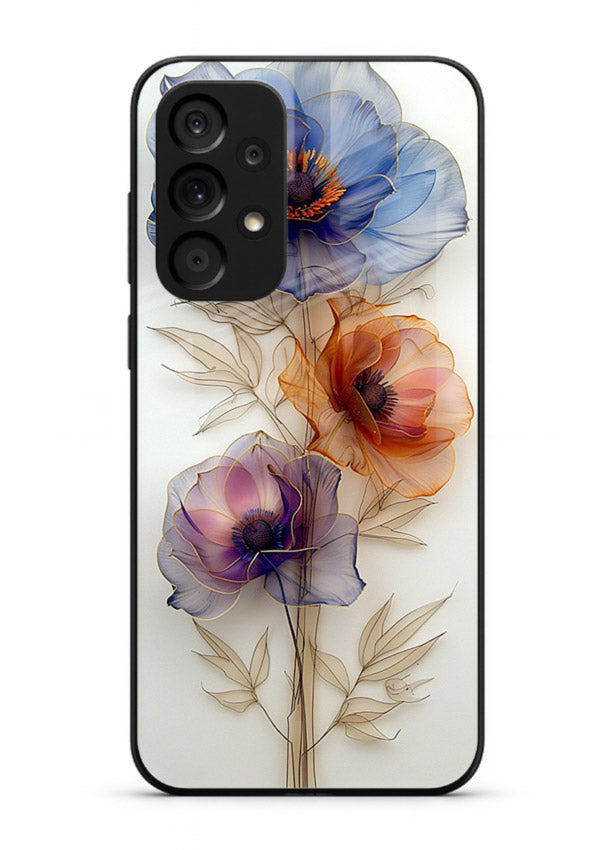 Transparent floral stem artwork on Samsung A23 5G glass back cover with minimal botanical detail.