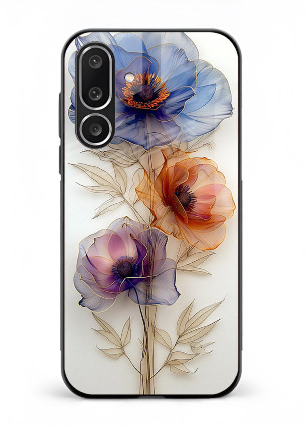 Transparent floral stem artwork on Samsung F56 5G glass back cover with minimal botanical detail.