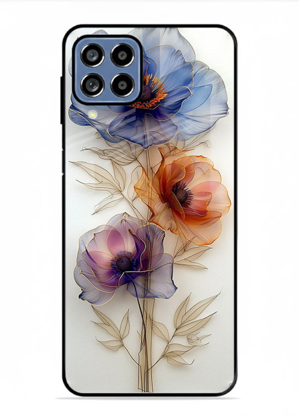 Transparent floral stem artwork on Samsung A22 4G glass back cover with minimal botanical detail.