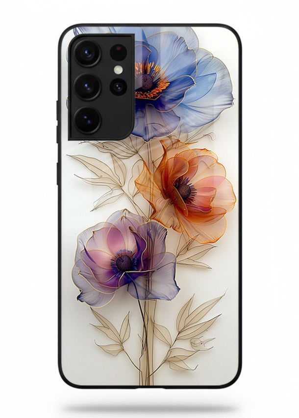 Transparent floral stem artwork on Samsung S21 Ultra glass back cover with minimal botanical detail.