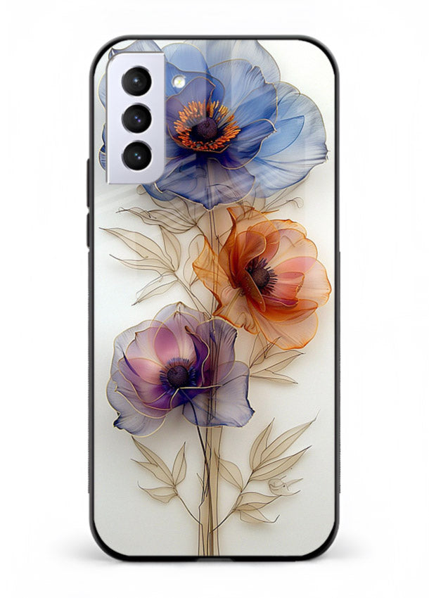 Transparent floral stem artwork on Samsung S21 Plus glass back cover with minimal botanical detail.