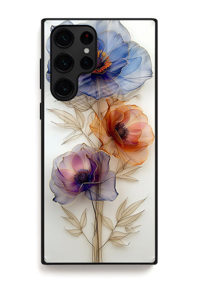 Transparent floral stem artwork on Samsung S23 Ultra glass back cover with minimal botanical detail.