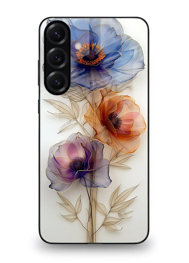 Transparent floral stem artwork on Samsung S24 FE glass back cover with minimal botanical detail.