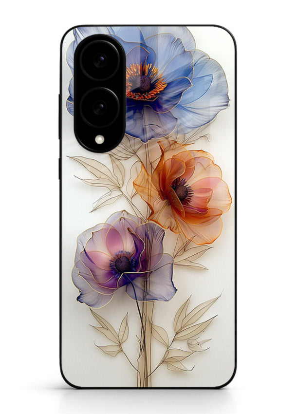 Transparent floral stem artwork on Samsung S25 Edge glass back cover with minimal botanical detail.