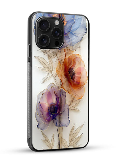 Transparent floral stem artwork on glossy vibrant premium glass back cover with minimal botanical detail. - Angle Side
