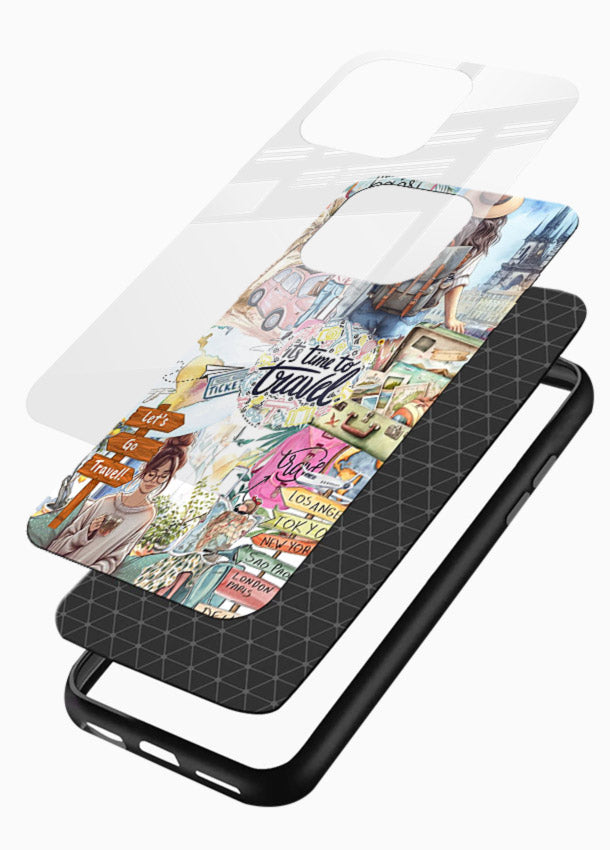 Travel Collage Journal scrapbook artwork glossy vibrant premium glass back cover - Angle Layers