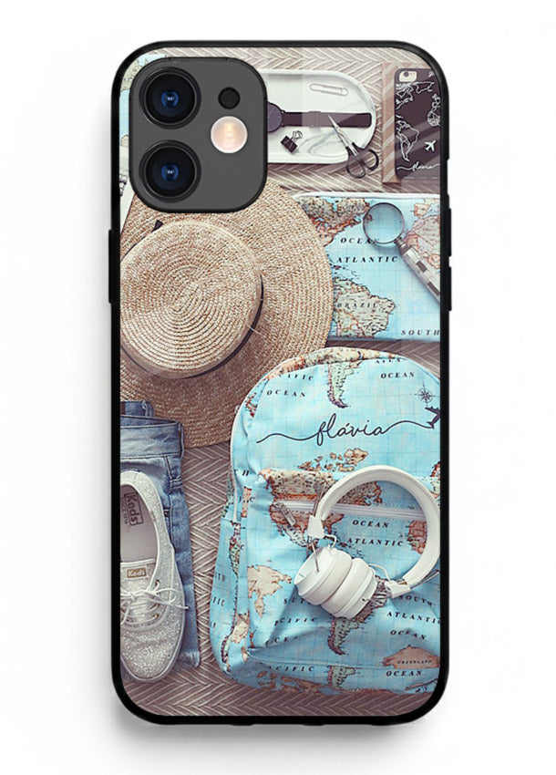 Travel Essentials Flatlay overhead artwork iphone 12 glass back cover