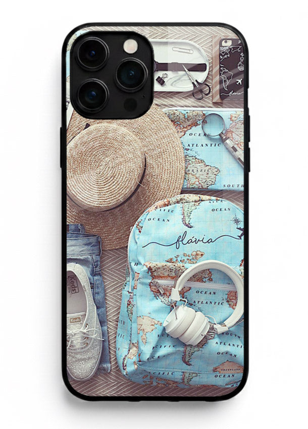 Travel Essentials Flatlay overhead artwork iphone 11 pro max glass back cover