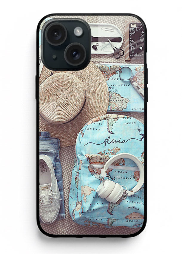 Travel Essentials Flatlay overhead artwork iphone 13 mini glass back cover