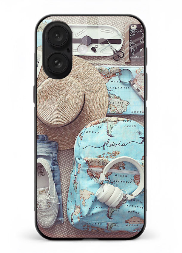 Travel Essentials Flatlay overhead artwork iphone 18 glass back cover