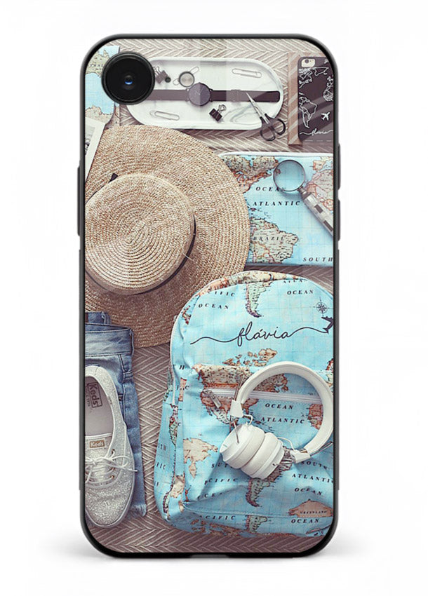 Travel Essentials Flatlay overhead artwork iphone 16e glass back cover