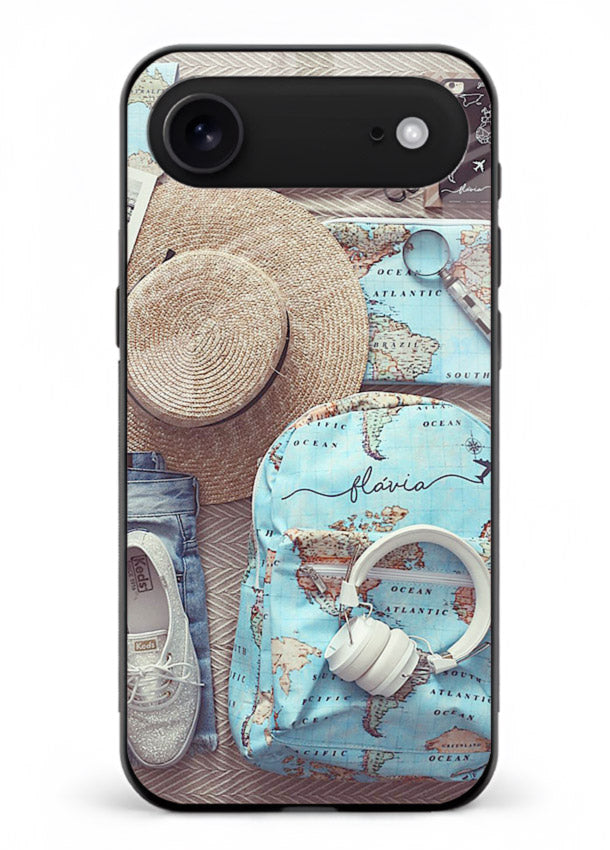 Travel Essentials Flatlay overhead artwork iphone 18 air glass back cover