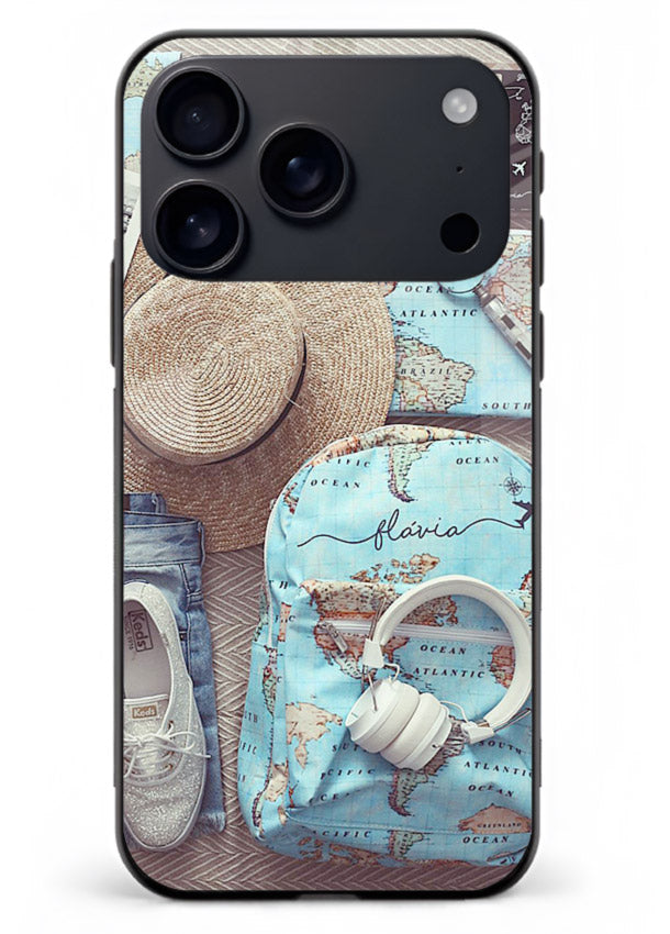Travel Essentials Flatlay overhead artwork iphone 18 pro max glass back cover