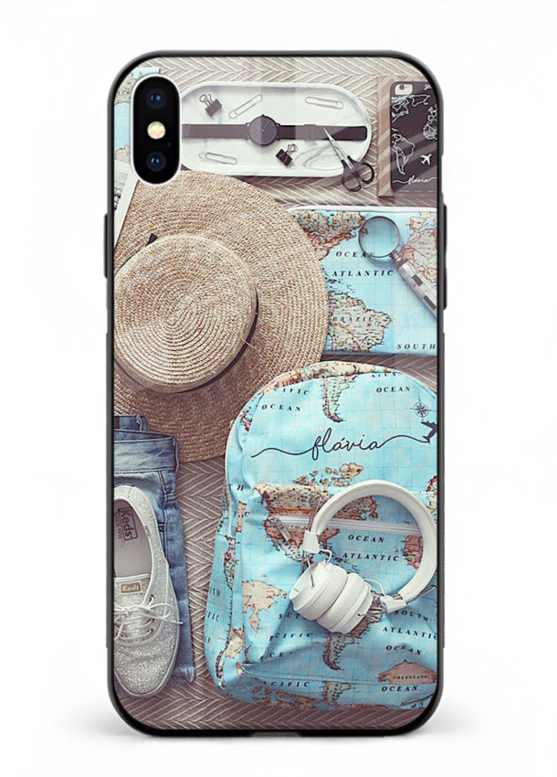 Travel Essentials Flatlay overhead artwork iphone xs max glass back cover