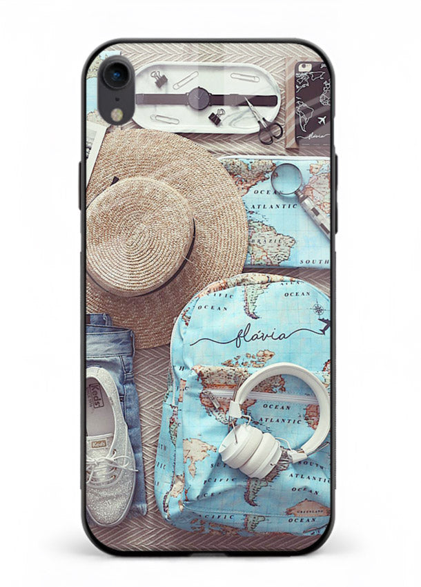 Travel Essentials Flatlay overhead artwork iphone xr glass back cover
