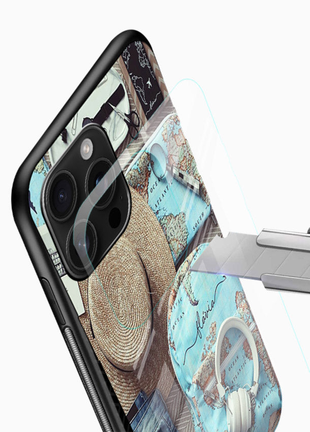 Travel Essentials Flatlay overhead artwork glossy vibrant premium glass back cover - Angle Blade