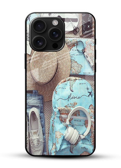 Travel Essentials Flatlay overhead artwork glossy vibrant premium glass back cover - Angle Front