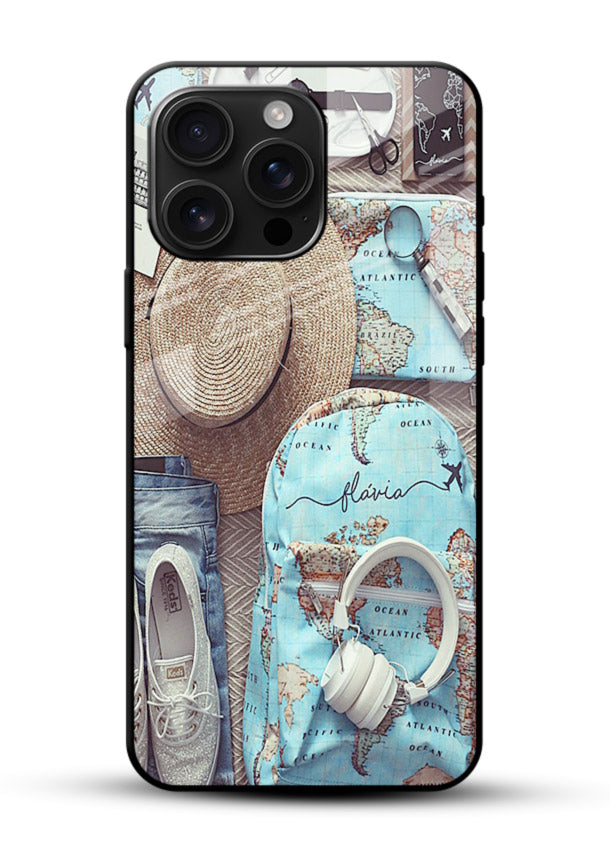 Travel Essentials Flatlay overhead artwork glossy vibrant premium glass back cover - Angle Front