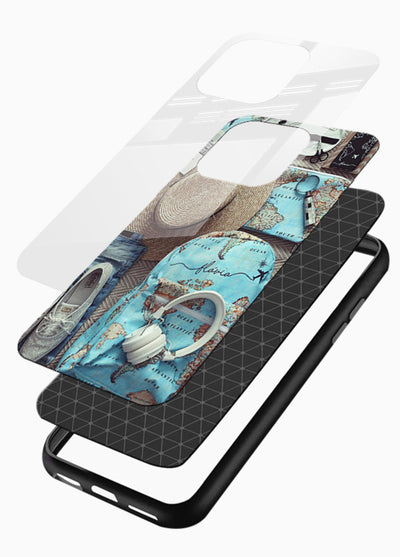 Travel Essentials Flatlay overhead artwork glossy vibrant premium glass back cover - Angle Layers