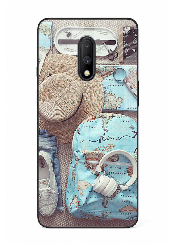 Travel Essentials Flatlay overhead artwork OnePlus 7 glass back cover
