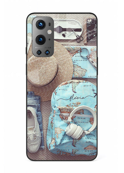 Travel Essentials Flatlay overhead artwork OnePlus 9 glass back cover