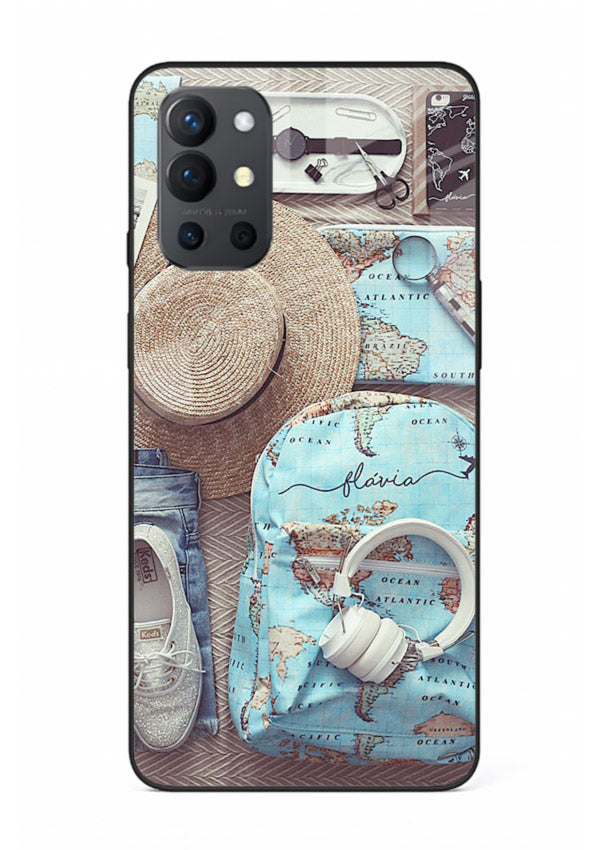 Travel Essentials Flatlay overhead artwork OnePlus 9R glass back cover