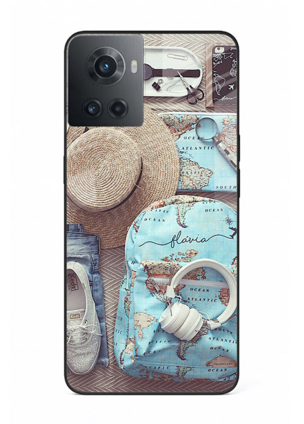 Travel Essentials Flatlay overhead artwork OnePlus 10R glass back cover