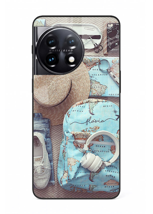 Travel Essentials Flatlay overhead artwork OnePlus 11R glass back cover
