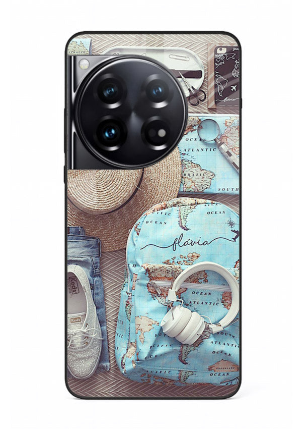 Travel Essentials Flatlay overhead artwork OnePlus 12 glass back cover