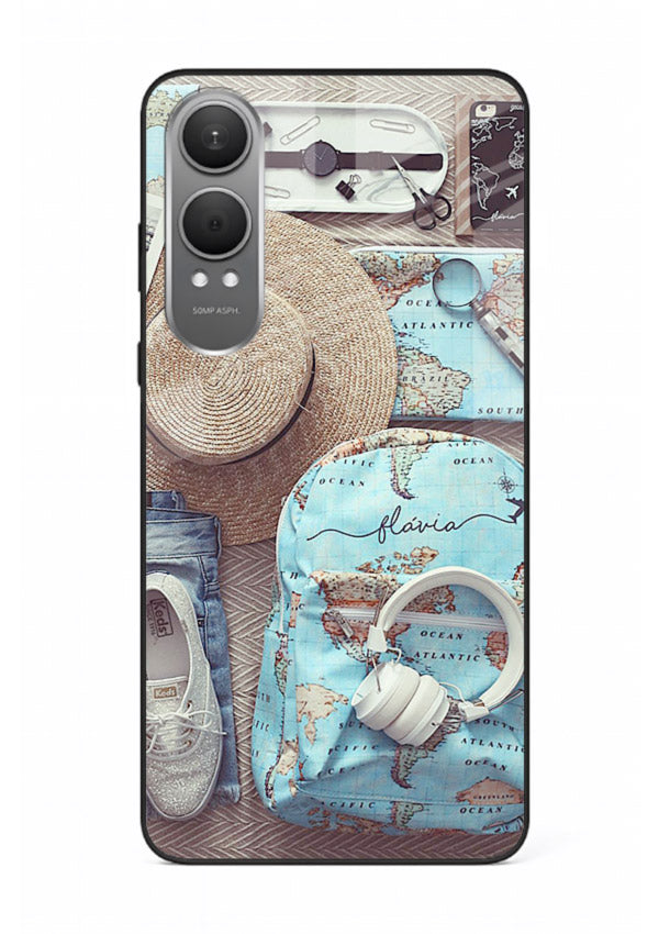 Travel Essentials Flatlay overhead artwork OnePlus Nord CE4 Lite glass back cover