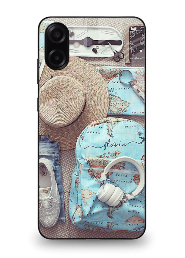 Travel Essentials Flatlay overhead artwork Samsung M13 5G glass back cover